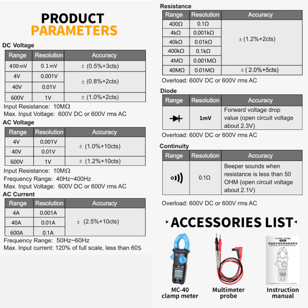 Фото - FNIRSI MC-40 струмові (токові) кліщі / мультметр, 600V 600A AC/DC, True RMS