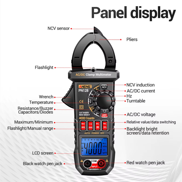 Фото - Струмові (токові) кліщі Aneng PN128 600V AC/DC Voltage, 600A AC/DC Current, NCV, мультиметр, LCD з підсвіткою