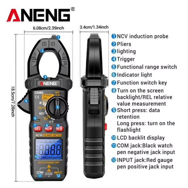Фото - Струмові (токові) кліщі Aneng CM86 600V AC/DC Voltage, 600A AC/DC Current, NCV, мультиметр, LCD з підсвіткою