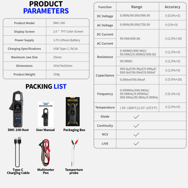 Фото - FNIRSI DMC-100 струмові (токові) кліщі / мультметр, 750V 600A AC/DC, True RMS