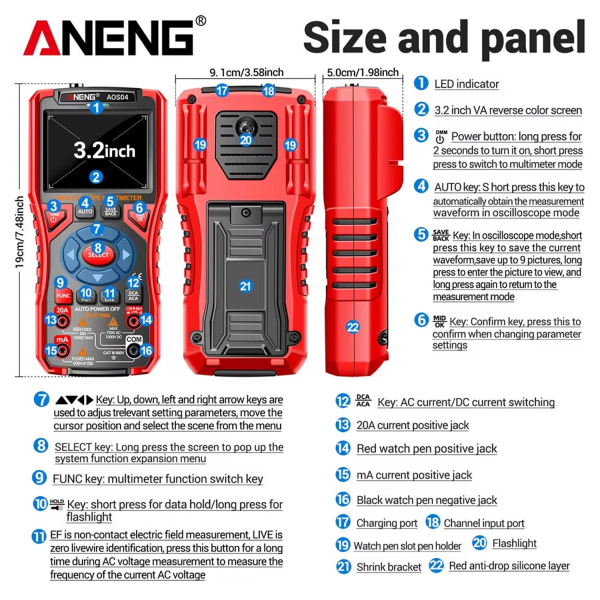 Фото - Aneng AOS04, цифровий мультиметр  / портативний осцилограф 10 МГц, 750V AC/ 1000V DC Voltage, 20A AC/DC Current, NCV, Smart, літієвий акумулятор