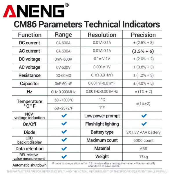 Фото - Струмові (токові) кліщі Aneng CM86 600V AC/DC Voltage, 600A AC/DC Current, NCV, мультиметр, LCD з підсвіткою