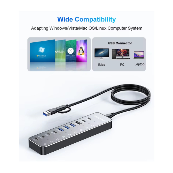 Фото - USB-хаб HUB, 10 портів (3хUSB 3.2 10Gbps + 7хUSB 3.0 5Gbps), з блоком живлення 12V 5A