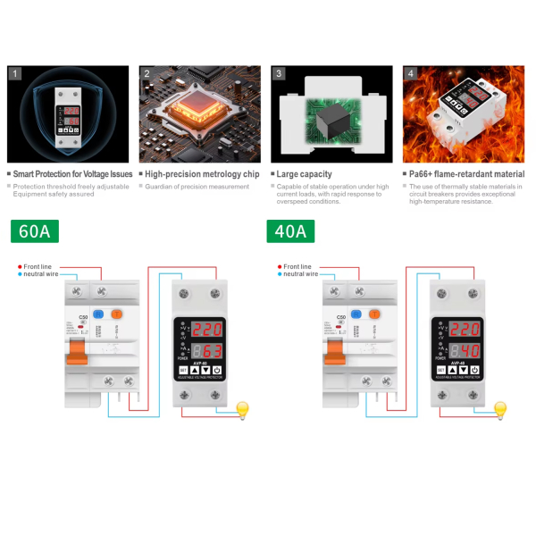 Фото - Реле захисту 1 фазне напруга/ток 40A 0-500V, 13парам.  AVP