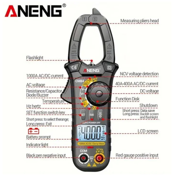 Фото - Струмові (токові) кліщі Aneng CM84 600V AC/DC Voltage, 1000A AC/DC Current, NCV, мультиметр, LCD з підсвіткою