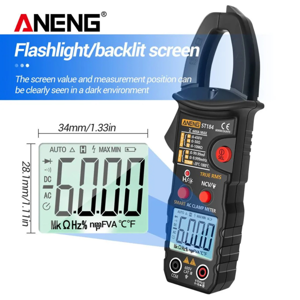 Фото - Струмові (токові) кліщі Aneng  ST184 450V AC/DC Voltage, 600A AC Current, NCV, мультиметр, LCD з підсвіткою, True RMS