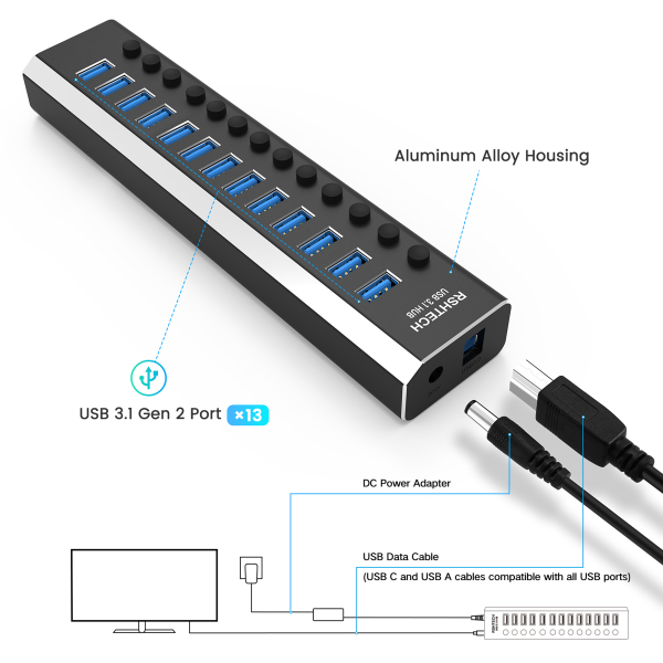 Фото - USB-хаб 3.1 Gen 2 HUB, 10Gbps, 13 портів USB 3.1 Gen 2, з блоком живлення 12V 6A