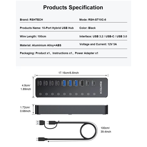 Фото - USB-хаб HUB, 10 портів (3хUSB 3.2 10Gbps + 7хUSB 3.0 5Gbps), з блоком живлення 12V 5A