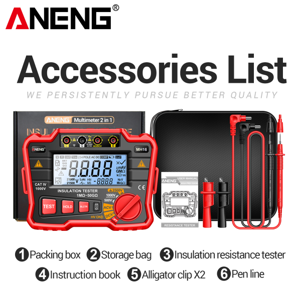 Фото - Тестер опору ізоляції Aneng MH16 750V AC/ 1000V DC Voltage, тест 500-2500V / 1МОм - 50ГОм, опір 0Ом - 50ГОм, LCD з підсвіткою
