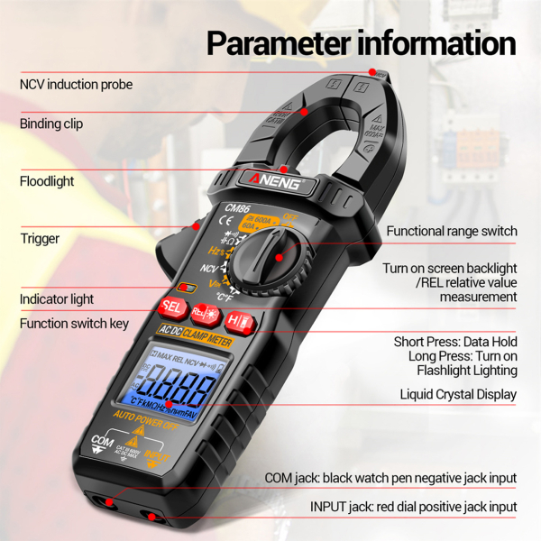 Фото - Струмові (токові) кліщі Aneng CM86 600V AC/DC Voltage, 600A AC/DC Current, NCV, мультиметр, LCD з підсвіткою