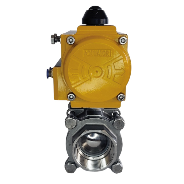 Фото - Шаровий кран з пневмоприводом, н/ж SS304, 3сост, пруж.повернення, DN50, внутрішня-внутрішня різьба G2"F-G2"F