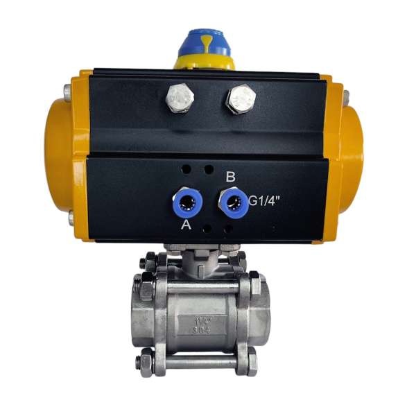 Фото - Шаровий кран з пневмоприводом, н/ж SS304, 3сост, пруж.повернення, DN32, внутрішня-внутрішня різьба G1-1/4"F-G1-1/4"F