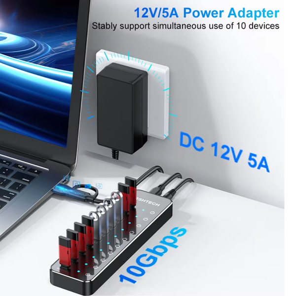 Фото - USB-хаб HUB, 10 портів (3хUSB 3.2 10Gbps + 7хUSB 3.0 5Gbps), з блоком живлення 12V 5A