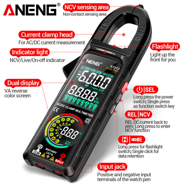 Фото - Струмові (токові) кліщі Aneng  ST213 600V AC/DC Voltage, 400A AC/DC Current, NCV, мультиметр, кольор. дисплей, True RMS