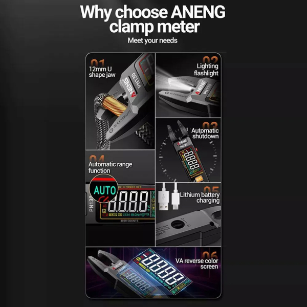 Фото - Струмові (токові) кліщі Aneng PN130 600V AC/DC Voltage, 100A AC/DC Current, NCV, мультиметр, VA кольоров. дисплей