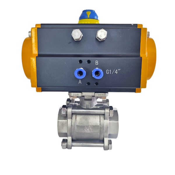 Фото - Шаровий кран з пневмоприводом, н/ж SS304, 3сост, пруж.повернення, DN40, внутрішня-внутрішня різьба G1-1/2"F-G1-1/2"F