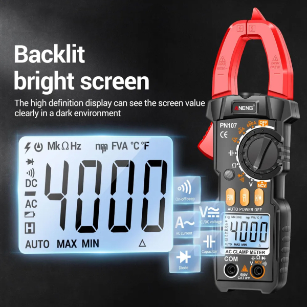 Фото - Струмові (токові) кліщі Aneng PN107 600V AC/DC Voltage, 600A AC Current, NCV, мультиметр, LCD з підсвіткою