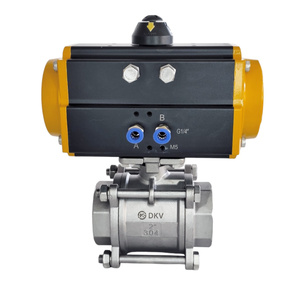 Фото - Шаровий кран з пневмоприводом, н/ж SS304, 3сост, пруж.повернення, DN50, внутрішня-внутрішня різьба G2"F-G2"F