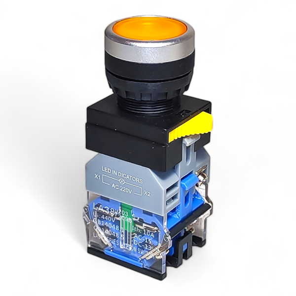 Фото - Кнопка з підсв. LA38-11D жовта 220VAC 1NO/1NC без фікс.