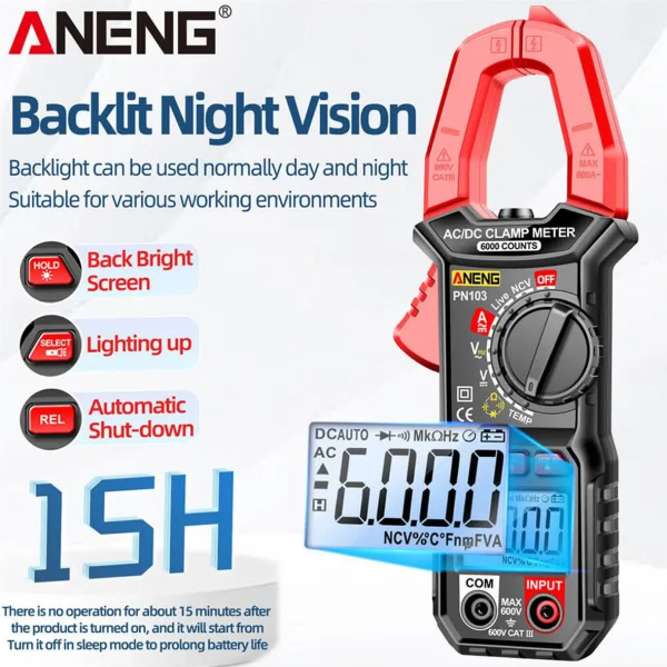 Фото - Струмові (токові) кліщі Aneng PN103 600V AC/DC Voltage, 600A AC/DC Current, NCV, мультиметр, LCD з підсвіткою