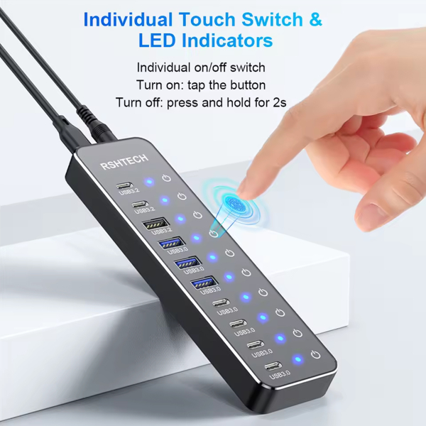 Фото - USB-хаб HUB, 10 портів (3хUSB 3.2 10Gbps + 7хUSB 3.0 5Gbps), з блоком живлення 12V 5A