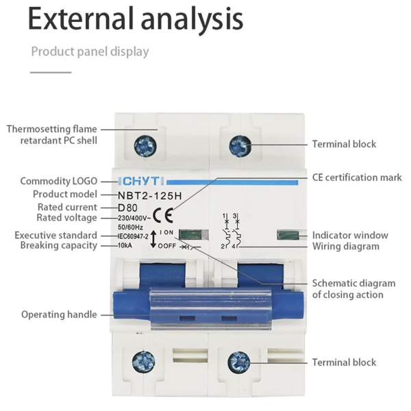 Фото - Автоматичний вимикач 2 полюси 80А DIN рейка CHYT NBT1-63