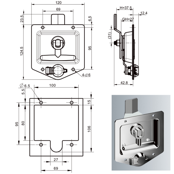 Фото - Замок нержавіючий кузовний з ключем код A7822-1150