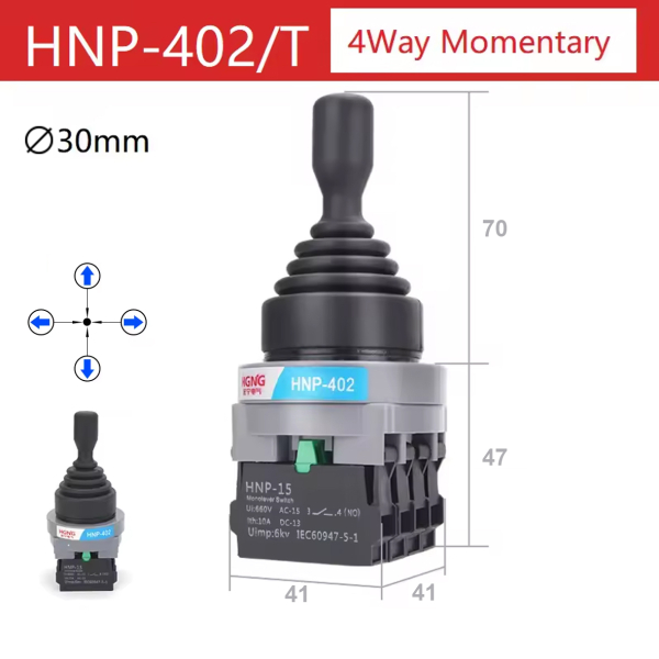 Фото - Джойстік на 4 положення HNP-402/T, одношвидкісний, врізний діам.30мм, 4NO контакти, без фіксації
