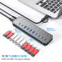 USB-хаб HUB, 10 портів (3хUSB 3.2 10Gbps + 7хUSB 3.0 5Gbps), з блоком живлення 12V 5A