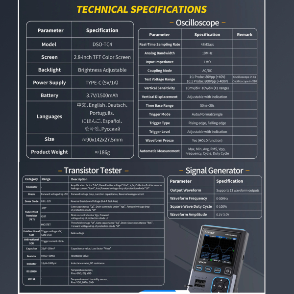 Фото - FNIRSI DSO-TC4, тестер електр. компонентів / портативний осцилограф 10 МГц / генератор сигналів