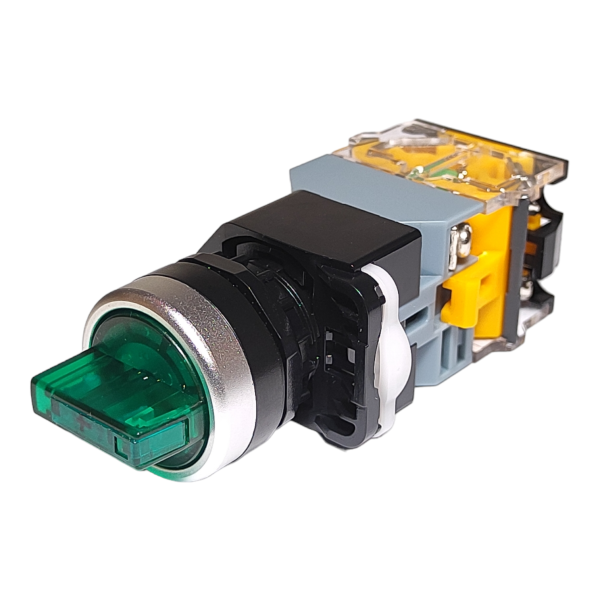 Фото - Перемикач з підсв. LA38-11X2D 2 пол. зел. 220VAC 1NO/1N з фіксацією