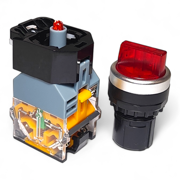 Фото - Перемикач з підсв. LA38-11X3D 3 пол. черв. 220VAC 1NO/1NC з фіксацією