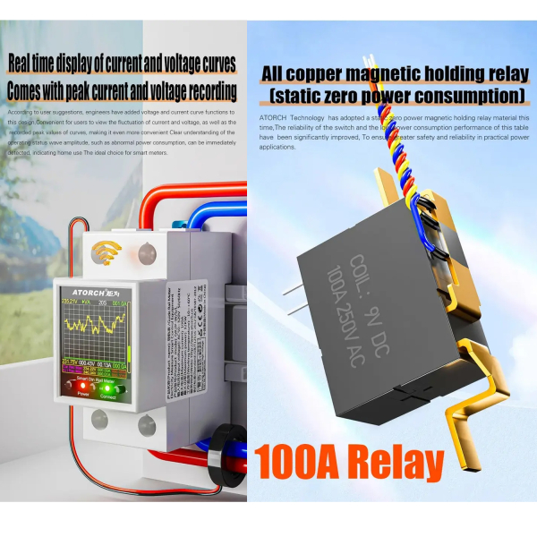 Фото - Лічильник електроенергії 1ф 100А WiFi Smart з розмикачем ATORCH GR2PWSL, ПЗВ, кольоровий дисплей