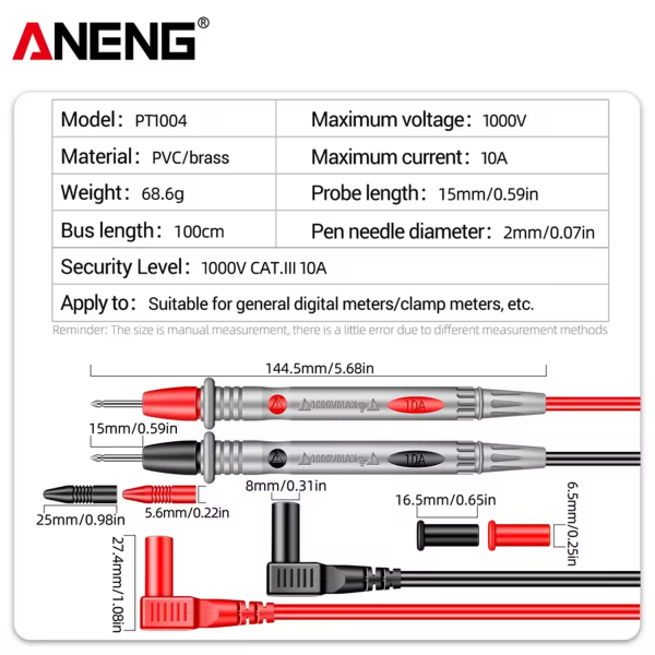 Фото - Щупи для тестера/мультиметра, 100см, 10А/1000V, PVC, нікельовані щупи, модель PT1004
