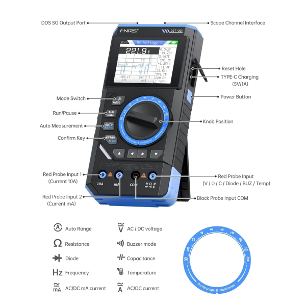 Фото - FNIRSI DST-201, цифровий мультиметр / портативний осцилограф 1 МГц / генератор сигналів 10КГц / 19999 Count Smart професійний тестер TRUE RMS