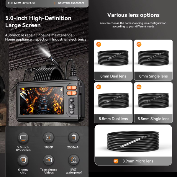 Фото - Ендоскоп поворотний ANESOK C50, 360°, 2 камери 8мм, 10 метрів