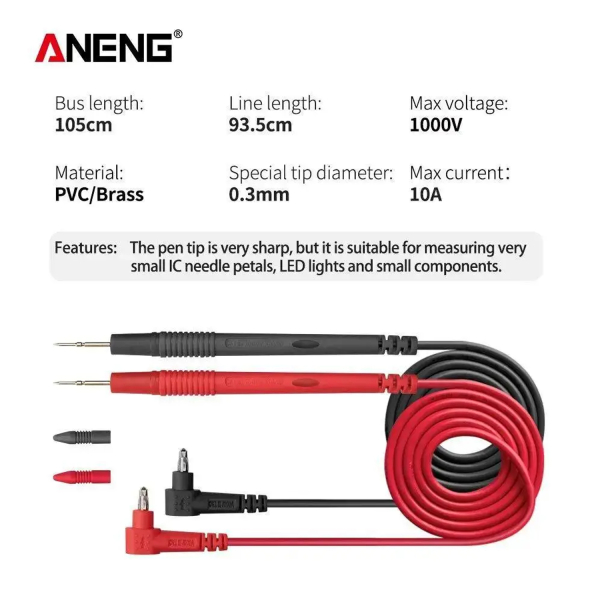 Фото - Щупи для тестера/мультиметра, 105см, 10А/1000V, PVC, нікельовані щупи, модель PT1002