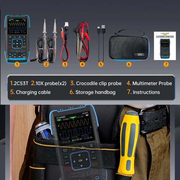 Фото - FNIRSI 2C53T, 2щупи (цифровий мультиметр / портативний осцилограф 50 МГц*2 / генератор сигналів / 9999 Count Smart професійний тестер)