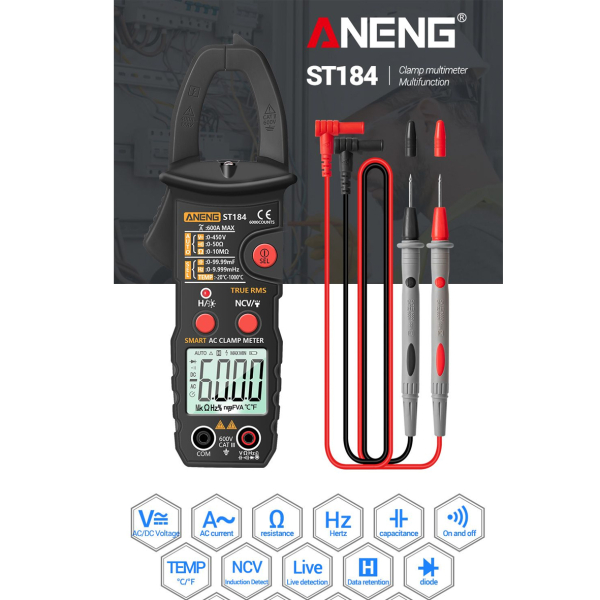 Фото - Струмові (токові) кліщі Aneng  ST184 450V AC/DC Voltage, 600A AC Current, NCV, мультиметр, LCD з підсвіткою, True RMS