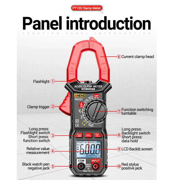 Фото - Струмові (токові) кліщі Aneng PN103 600V AC/DC Voltage, 600A AC/DC Current, NCV, мультиметр, LCD з підсвіткою